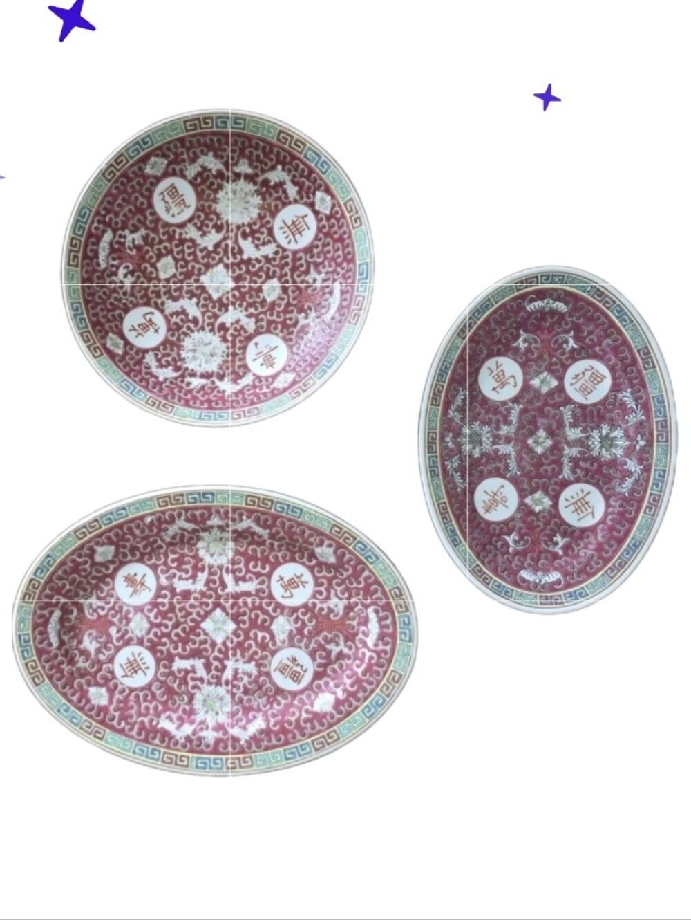 Set of 3 Vintage Chinese Mun Shou Porcelain Red Longevity Serveware Decorative